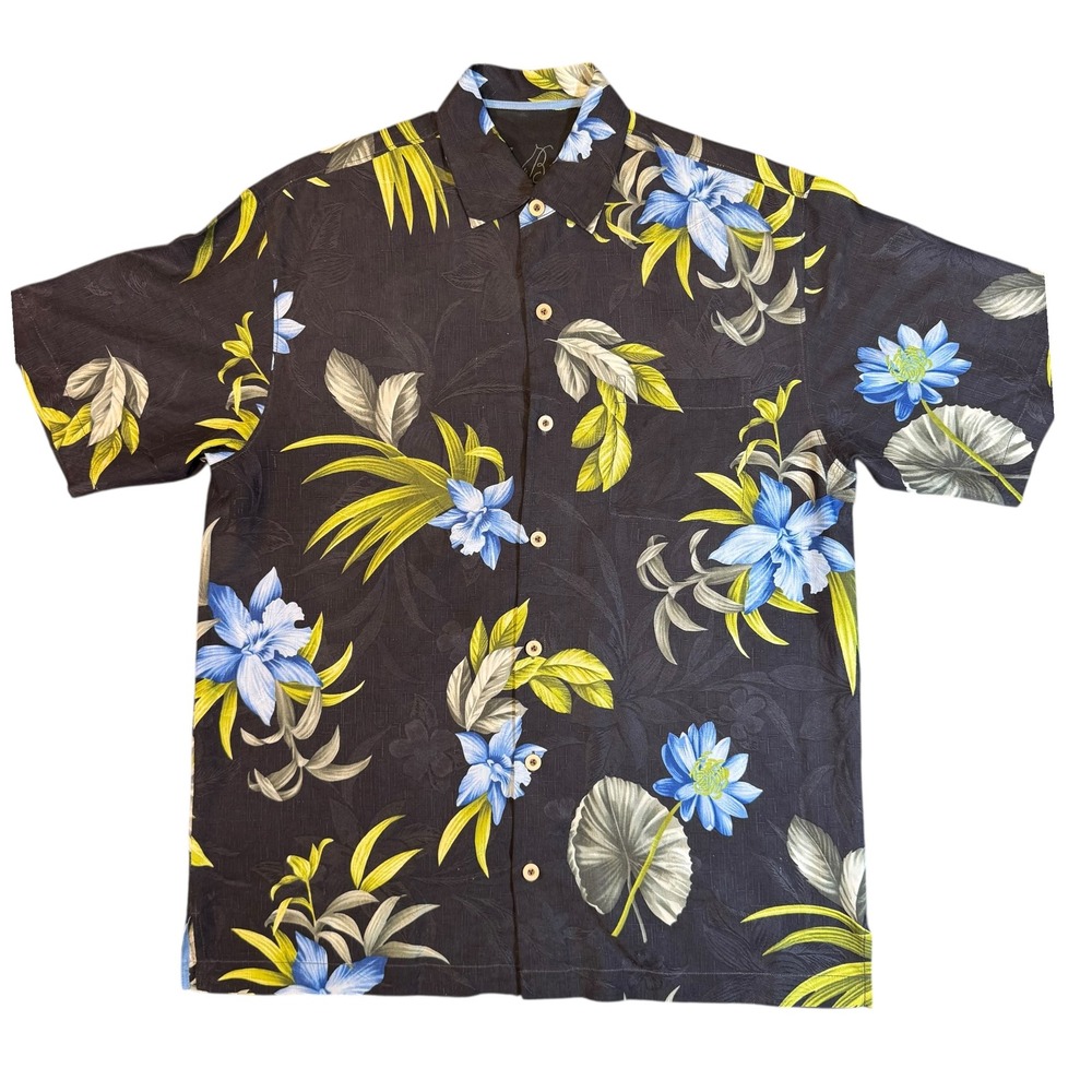 Tommy Bahama Cotton Floral Camp Shirt Blue Yellow Leaf Print Black M Relaxed Fit